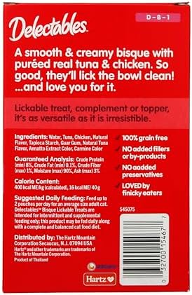 Delectables Lickable Treat Bisque Non-Seafood Wet Cat Treat with Real Tuna & Chicken, Food Topper, Hydrating, Grain-Free, No Fillers, By-Products, Added Preservatives, 1.4oz Pouch, 30ct