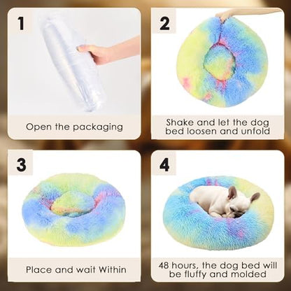 Dogs Bed for Small Dogs, Anti-Anxiety Washable Round Bed (24in Rainbow)