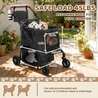 Dog Stroller for Small Pets, All-Terrain 4-Wheel Cat & Dog Carrier with 360° Front Wheels, Adjustable Handle & Canopy|Cup Holder & Storage Basket|Foldable in One Step|Ventilated Design for Comfort