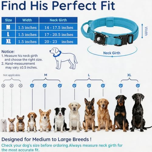 Tactical Airtag Dog Collar Waterproof - Adjustable Nylon Training Collar with Secure Airtag Holder, Control Handle & Quick-Release Buckle for Medium Large Dogs (Blue, XL)