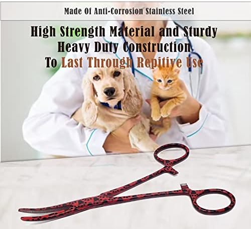 Dog Pet Ear/Nose Hair Puller Grooming Hemostat Locking Forceps Curved Pliers, 5.5" (14cm) Full Serrated Clamps Stainless Steel (Red Paws)