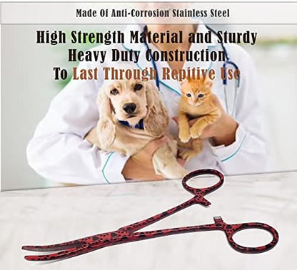 Dog Pet Ear/Nose Hair Puller Grooming Hemostat Locking Forceps Curved Pliers, 5.5" (14cm) Full Serrated Clamps Stainless Steel (Red Paws)