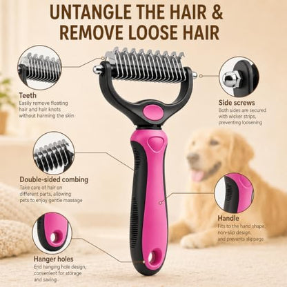 2PCS Pet Grooming Combo - Blue Deshedding Brush with Metal Comb for Detangling and Dematting Long, Matted Fur on Cats and Dogs (Pink+Blue)