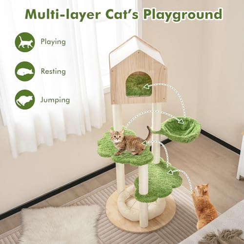 Tangkula Cat Tree Tower, Multi-Level Modern Wood Cat Tower with Sisal Scratching Posts, Jumping Platforms, Perch, Hammock, Cute Cat Condo, Tall Cat Tree for Indoor Cats Large Adult (55 Inch)