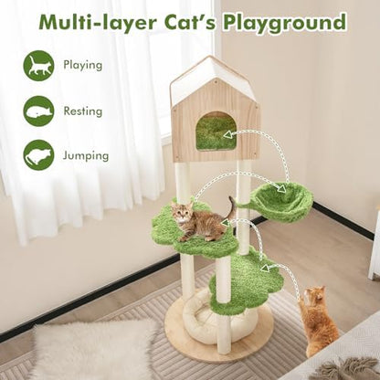 Tangkula Cat Tree Tower, Multi-Level Modern Wood Cat Tower with Sisal Scratching Posts, Jumping Platforms, Perch, Hammock, Cute Cat Condo, Tall Cat Tree for Indoor Cats Large Adult (55 Inch)