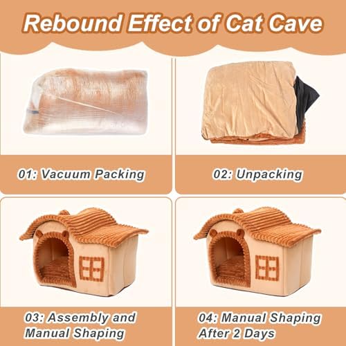 Jiupety Bear Cat Houses for Indoor Cats, Chimney Cute Cat Bed Cave, Enough Interior Space, Cartoon Soft Pet House Up to 3-10 lbs Kitten, Brown