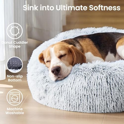 JOLLYVOGUE Small Dog Bed, Calming Dog Beds for Small Dogs & Indoor Cats - 20 Inches Donut Washable Cat Bed for Kittens & Puppies, Round Fluffy Plush Faux Fur Pet Beds(Smoke Grey)