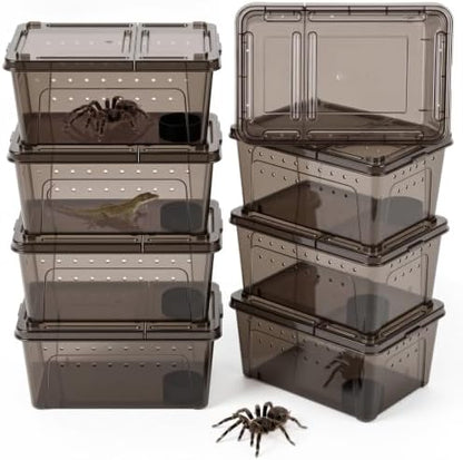 Irenare 8 Pcs Reptile Breeding Box Plastic Spider Terrarium Tarantula Feeding Box for Bearded Dragon Lizard Spider Gecko Scorpion (Vent Strips,Black,10.6 x 7.4 x 4.7 Inch)