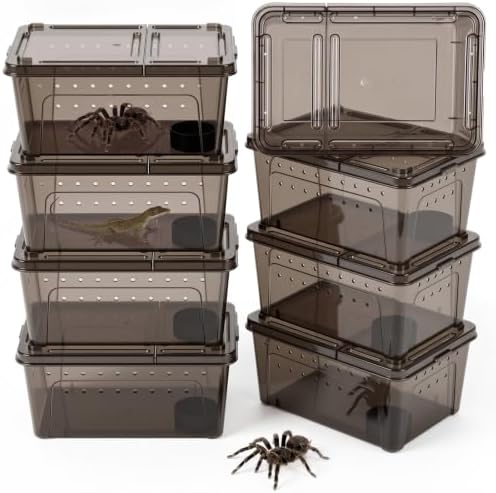 Irenare 8 Pcs Reptile Breeding Box Plastic Spider Terrarium Tarantula Feeding Box for Bearded Dragon Lizard Spider Gecko Scorpion (Vent Strips,Black,10.6 x 7.4 x 4.7 Inch)