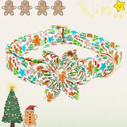Dog Collar Christmas Winter Gingerbread Man Print Pet Collar Soft Cute Dog Collars with Flower Adjustable Metal Buckle Collar for X-Large Dogs