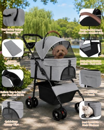 Pet Stroller, 3 in1 Foldable Dog Cat Stroller with Detachable Carrier-Gray