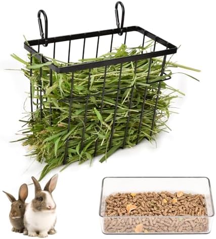 SANGLE SOPFFY Rabbit Feeder and Bunny Food Bowl with Hay Rack for Guinea Pigs, Chinchillas,Holland lop Bunny - Pet Hay Dispenser&Multifunctional Pellet Food Dish