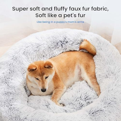 NEWBULIG 37.4x37.4 Inch Dog Couch Bed, Round Shape Large Sized Donut Beds for Indoor Dogs and Cats with Removable Cover, Anti-Slip, Cozy Fluffy Sofa, Grey