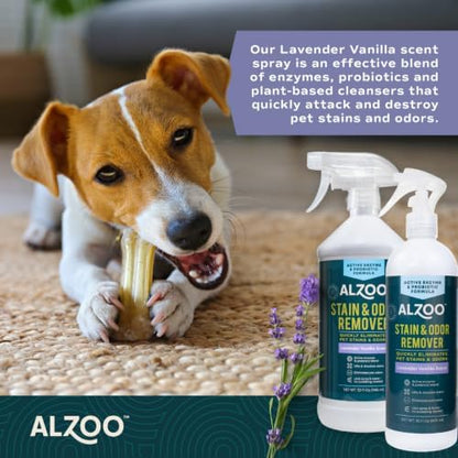ALZOO Pet Stain & Odor Remover Spray for Dog & Cat Urine, Carpet, Furniture & Floors | Active Enzyme & Probiotic Formula | Lavender Vanilla Scent | Made in USA | 32 oz