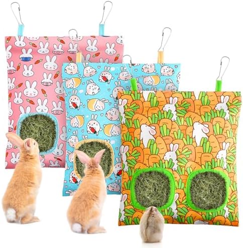 UPINS 3Pack Guinea Pig Hay Feeder Bag,Bunny Rabbit Cage Bag Hanging Holder