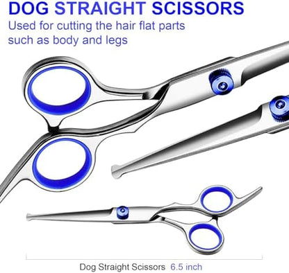Dog Grooming Scissors Kit, Premium Stainless Steel Dog Shears with Curved Shears, Sharp Durable for Dogs Cats+Blue 3 Piece