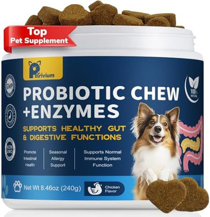 Probiotics for Dogs Supports Digestive Health, Natural Probiotic Supplement with Digestive Enzymes and Prebiotic, Probiotic Chews for Dogs Gut Health, Relieve Diarrhea, Itchy Skin, Enhance Immunity