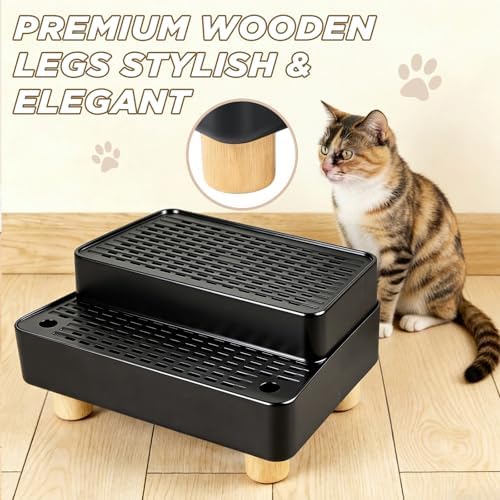 Adjustable Litter Box Step, Cat Litter Box Ramp/Catcher with Wooden Feet