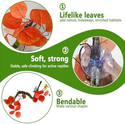 BNOSDM 2PCS Reptile Climbing Branch, Bendable Jungle Vine with Leaves Terrarium Plant Decoration with Suction Cup Chameleon Cage Accessories for Gecko Lizard Bearded Dragons Snake (Eucalyptus Leaf)