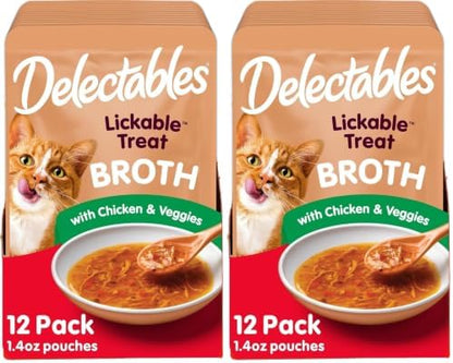 Delectables Lickable Treat Savory Broth Wet Cat Treat with Real Chicken & Veggies, Food Topper, Hydrating, Grain-Free, No Fillers, No By-Products, No-Added Preservatives, 1.4oz Pouch (Pack of 24)