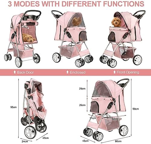 4-Wheel Pet Stroller for Small Dogs and Cats, Up to 33 lb, Pink