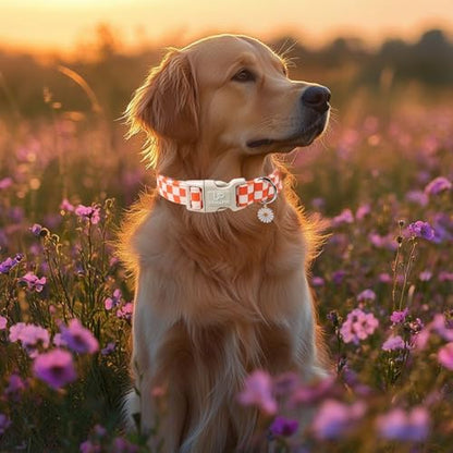 Gingham Fall Dog Collar – Adjustable Orange Picnic Checkered Dog Collar with Daisy Pendant, Classic Autumn Dogs Collars for Girl Boy Dogs