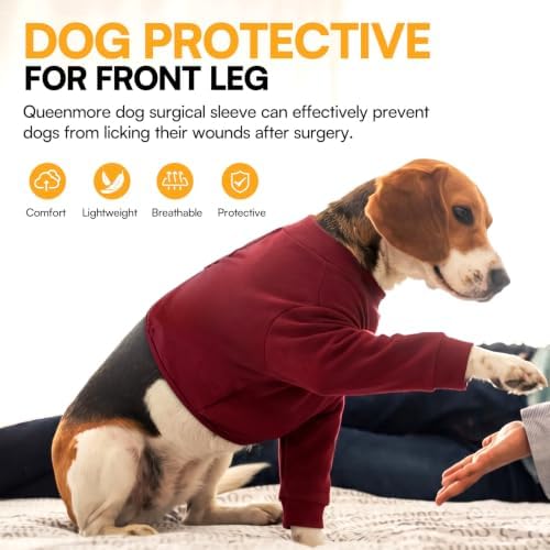 Queenmore Dog Leg Sleeve to Stop Licking, Alternative to Cone of Shame, After Surgery Dog Elbow Protector with Magic Tapes, Recovery Suit for Dogs, Burgundy, S