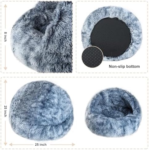 Calming Dog and Cat Cave Bed with Hooded Cover, Faux Fur, Round, Removable Washable, Anti-Slip, for Small Medium Pets (25")