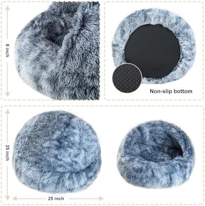Calming Dog and Cat Cave Bed with Hooded Cover, Faux Fur, Round, Removable Washable, Anti-Slip, for Small Medium Pets (25")
