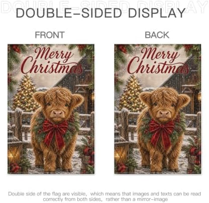 Merry Christmas Garden Flag 12x18 Inch Highland Cow Pine Wreath Red Bow Snowy Barn Plaid Vintage Farmhouse Outdoor Yard Lawn Front Porch Welcome Double Sided Banner Decor