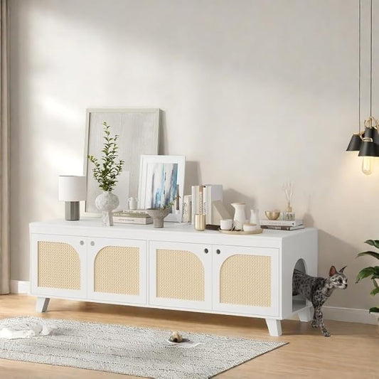 FONTOI Rattan Cat Litter Box Enclosure with Decorated Doors, Wooden Pet Washroom with Two Entrances, Double Hidden Litter House with Non-Slip Feet, Enclosure Furniture Cabinet for Two Cats