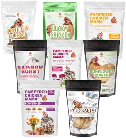 Pampered Chicken Mama Chicken Treat for Hens 8 Pounds Sampler Bundle: 8 Different Treats in One Box! - Grubs, Dried Mealworms, Cracked Corn, Oyster Shell, & Duck Feed