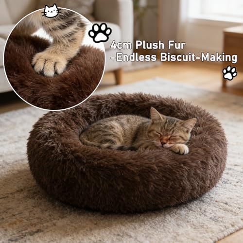 Calming Donut Dog Beds for Small Dogs Cats - Washable Removable Cover Non-Slip Bottom, Round Pet Bed Puppy Bed Warming Fluffy Faux Fur Anti-Anxiety, Fits up to 25 lbs (Coffee, 23")