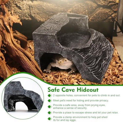 Reptile Hideout Snake Hide Cave Turtle Basking Platform with Food Bowl Shale Scape Step Ledge Climbing Platform Bearded Dragon Tank Accessories Rock Landscaping Decor for Chameleon Lizard Gecko, Large