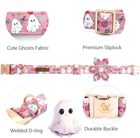 Elegant little tail Halloween Dog Collar, Pink Ghosts Print Dog Collar with Flower Puppy Collar Flower Female Cotton Adjustable Collars for Small Medium Large Dogs