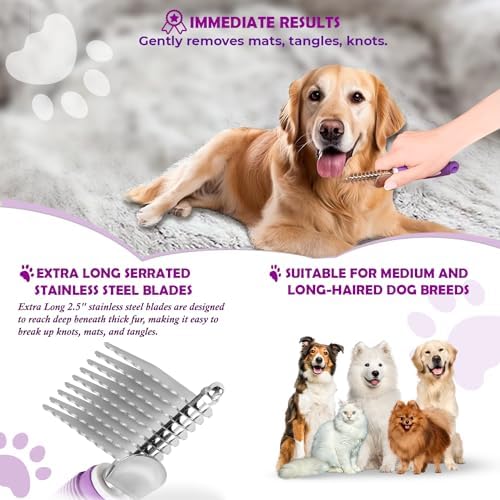 GENPEPADO Dematting Undercoat Rake Comb for Dogs & Cats with Long 2.5-In Stainless Steel Safety Blades for Removing Knots, Mats & Tangles - Pet Grooming Deshedding Brush Tool with Anti-Slip Grip