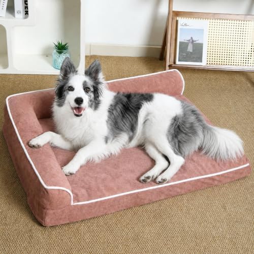 Orthopedic Dog Bed with Pillow L-Shape Dog Sofa for Large Medium Dogs, Dogs Couch with Removable Washable Cover, Pet Bed with Nonskid Bottom(Pink, XXX-Large(54x36in))