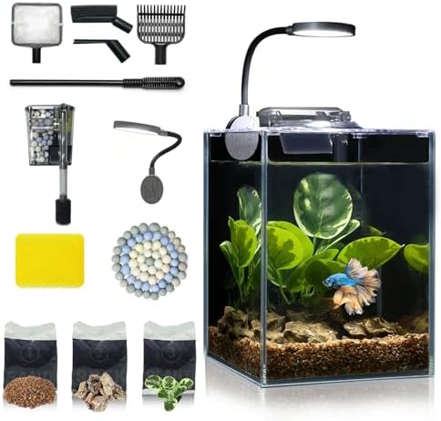 Desktop Small Aquarium Set Glass Fish Tank 1.25 Gallon, with Water Pump Filter Bright LED Light Gravel Cleaning Tool, Starter Kit Small Space Easy Setup Space-Saving Design Betta Shrimp