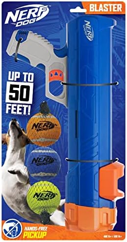 Nerf Dog Compact Tennis Ball Blaster Dog Toy, Great for Fetch, Hands-Free Reload, Launches up to 50 ft, Single Unit, Includes 3 Nerf Balls & Bag, Blue/Orange, Model: 5205