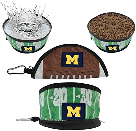 NCAA Michigan Wolverines Collapsible Dog Travel Bowl, Food and Water Bowl for Dogs & Cats. Best Portable & Lightweight Leak-Proof Pet Bowl for Travel with Football Field & Pebble-Grain Design.