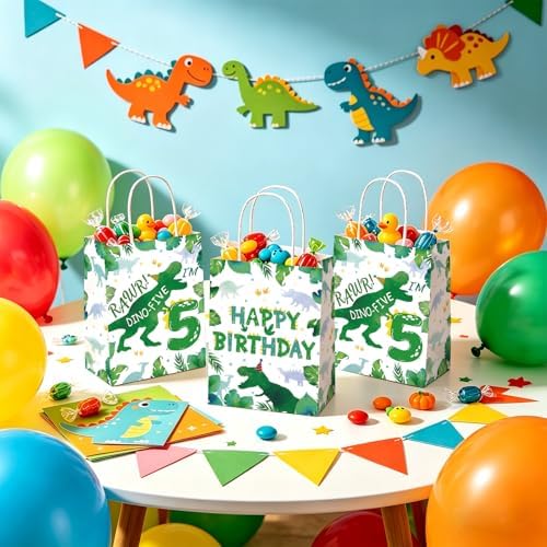 Greencian 16Pcs Dinosaur 5th Birthday Party Favor Bags Roar Goodie Bags