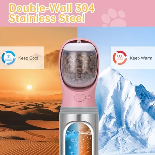 Portable Dog Water Bottle with Food Container, 14 OZ, Stainless Steel