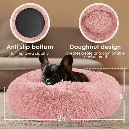 28in Large Dog Bed, Calming Donut Bed for Puppy and Kitten (Pink)