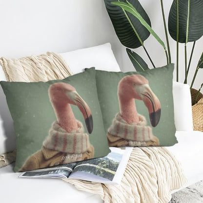 InkRain Winter Animal Cute Flamingo Pillow Cover 28x28 Inch Set of 2 Home Decor Decorative Cotton Linen Illustration Pillowcases for Living Room House Sofa