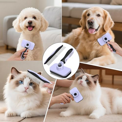2PCS Self Cleaning Slicker Brush & Dog Comb - Skin Friendly Deshedding Grooming Tool for Dogs, Cats and Small Animals, Professional Deshedding Tool for Long and Short Haired Pets (Light Purple)