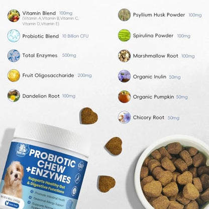 Probiotics Dog Allery Chews for Dogs, Improve Itchy Skin Itchy Ears, Yeast Balance, Gut Health, Probiotics (10 Billion CFU) for Dog Immune Health & Allergy Relief Chews + Vitamins Blend 60 Counts