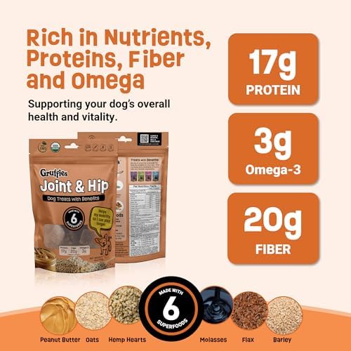 Gruffies Joint & Hip Dog Treats, Peanut Butter Soft Treats with Turmeric, Ginger & Flaxseed, USDA Organic, Non-GMO, Soy-Free, Wheat-Free, Corn-Free, Made in Canada, 6 oz (Pack of 1)