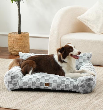 Made4Pets Cat and Dog Indoor Couch Bed, Soft Faux Fur Checkered Pet Sofa, Cozy Fluffy Pet Sofa with Supportive Foam, Removable Washable Cover with Non-Slip Base, Grey, Medium
