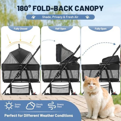 Dog Stroller for Small Dogs, Foldable Pet Stroller up to 35 lb, Panoramic Mesh Pet Cat Stroller with Detachable Carrier, with Safety Tether, Puppy Doggie Stroller for Medium Dogs 20 lbs, Light Black