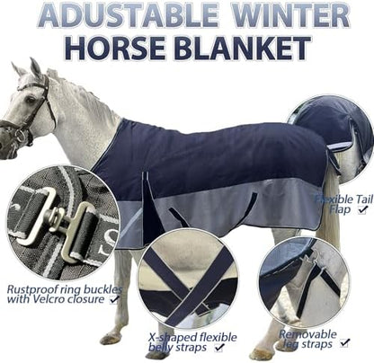 1200D Winter Horse Blanket,300g Fill,Black/Gray 81''